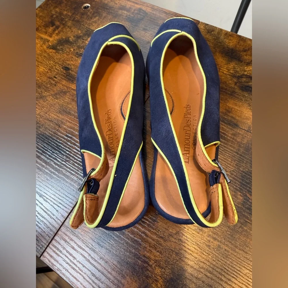 L'Amour des Pieds Bryer Leather Navy Yellow Sling Back Shoe Size 7.5